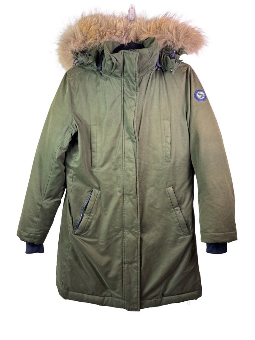 Tory Burch Sport Olive Green Winter Down Parka Coat Fur Hood Cinch Waist S